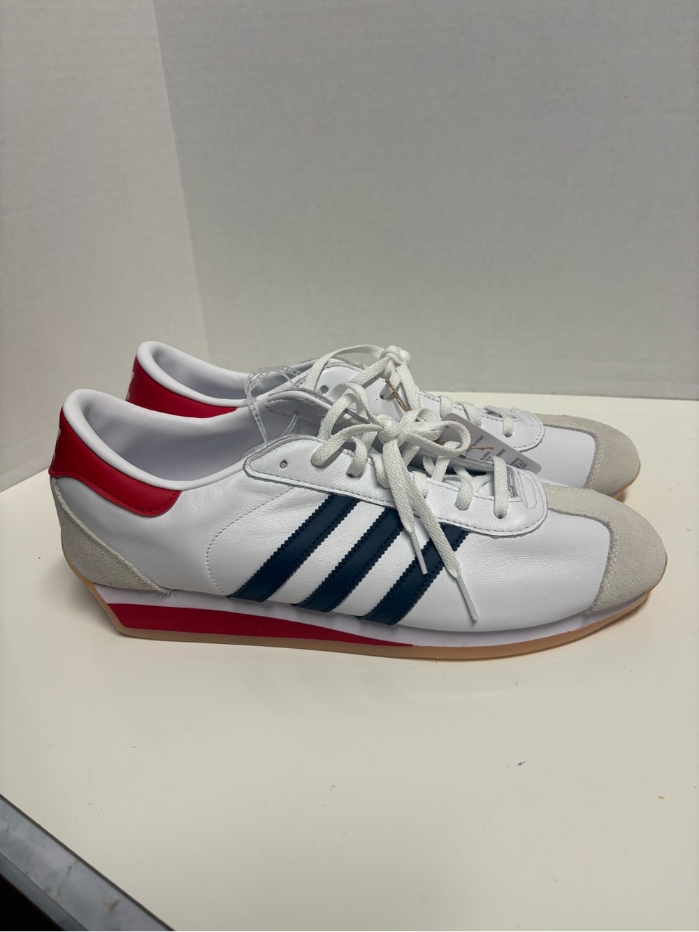 adidas White Sneakers Country II with Navy Stripes and Red Heel Panel